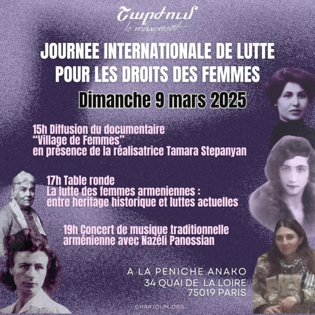 📆 La journée internationale de lutte pour les droits des femmes ça se passe le 9 mars avec Charjoum. 

Au programme : diffusion d’un documentaire, table ronde ou encore concert de musique traditionnelle ! 🇦🇲💜💪🏼

📍Retrouvez-nous à partir de 15h à la Péniche Anako